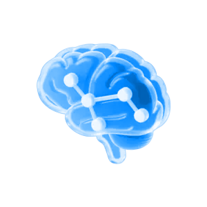 machine learning blue glass brain outline with connecting nodes small